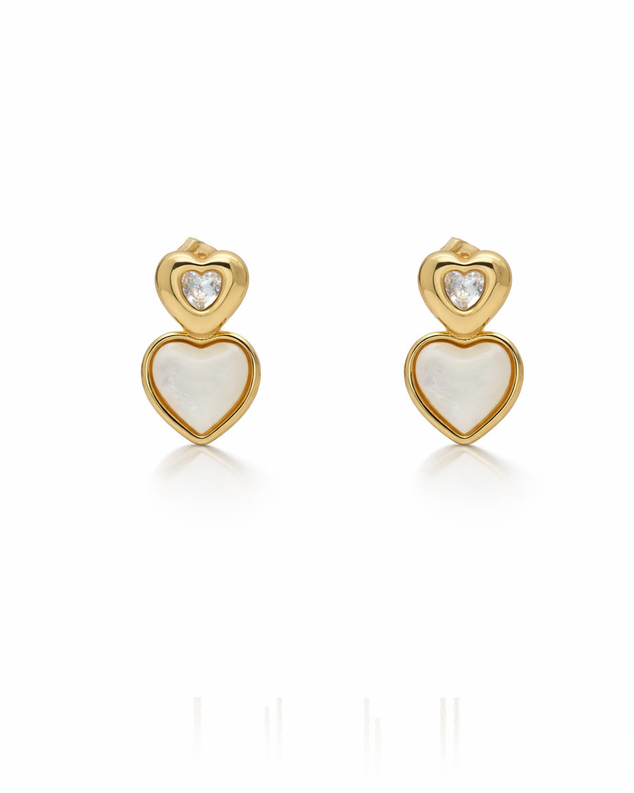 Dual Heart Mother of Pearl Gold Plated Stud Earrings