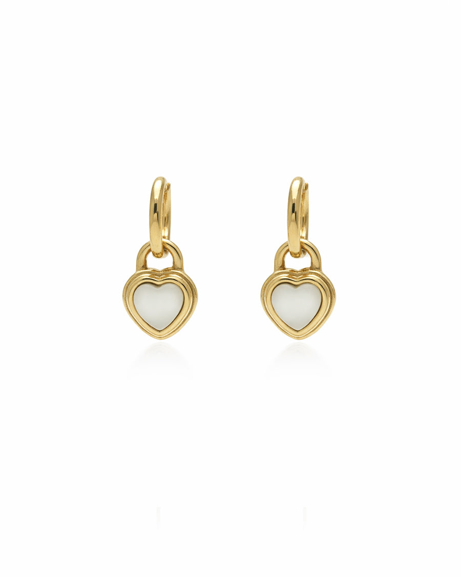 Mother of Pearl Heart Locket Gold Plated Huggie Drop Earrings