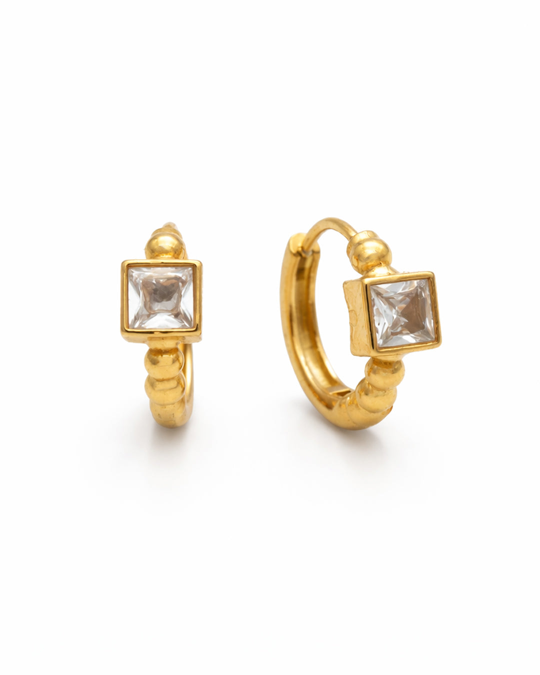 Solitaire Square Gold Plated Huggie Earrings