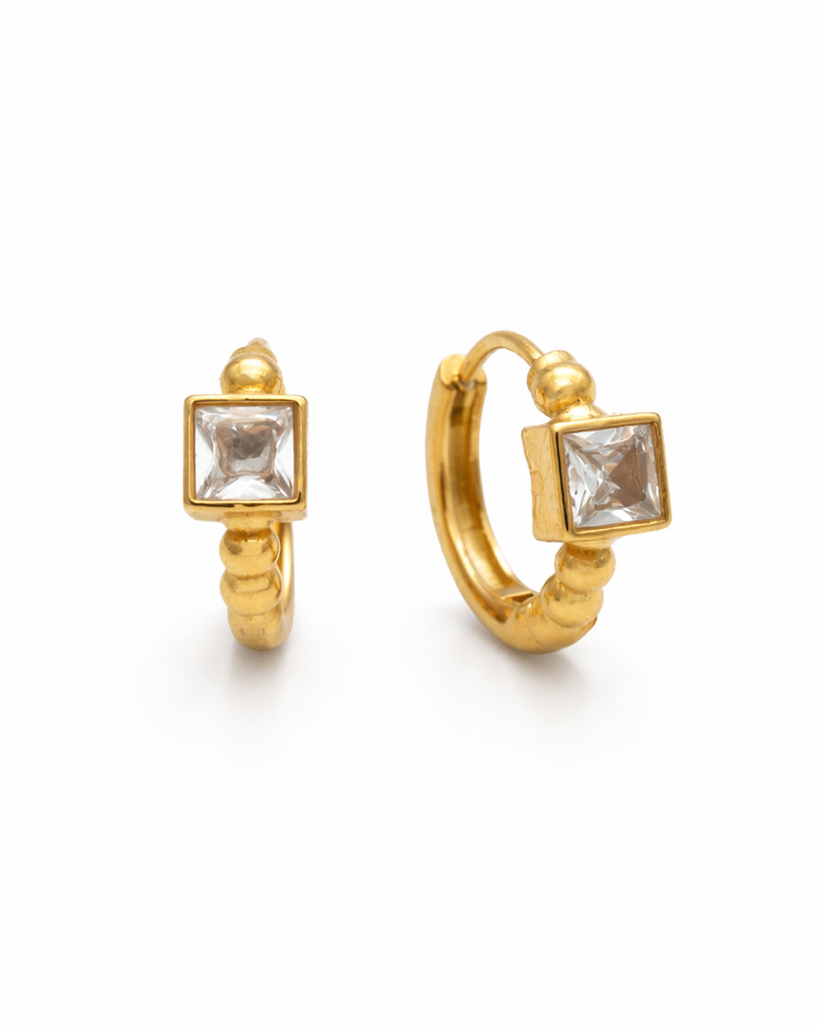 Solitaire Square Gold Plated Huggie Earrings