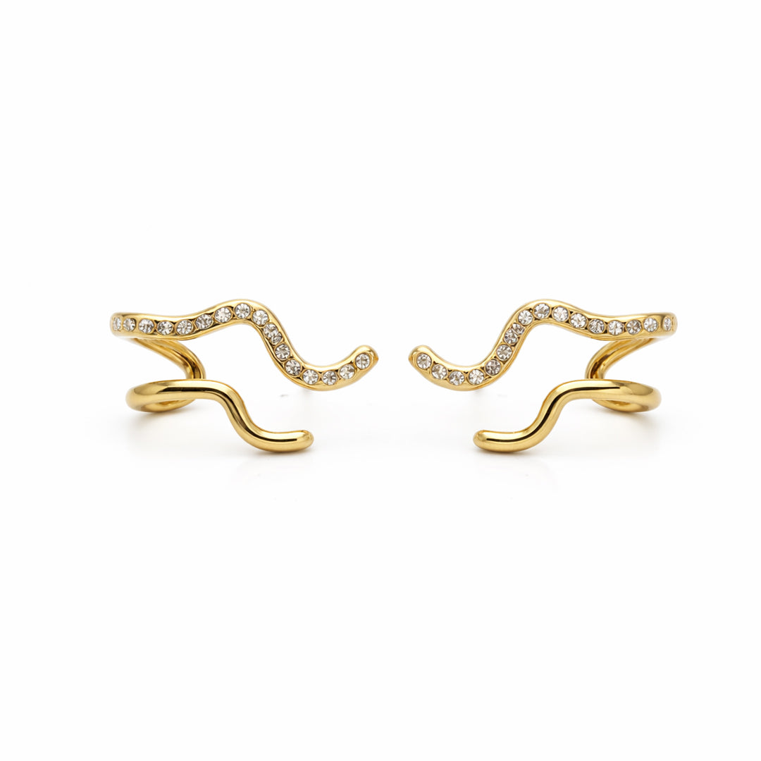 Ripple Pave Crystal Gold Ear Cuff Earrings