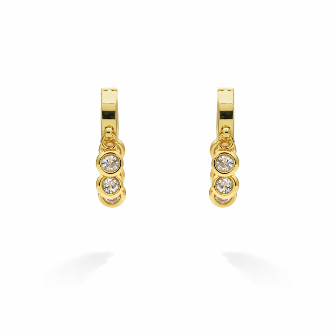 Trio Bezel Crystal Gold Huggie Earrings