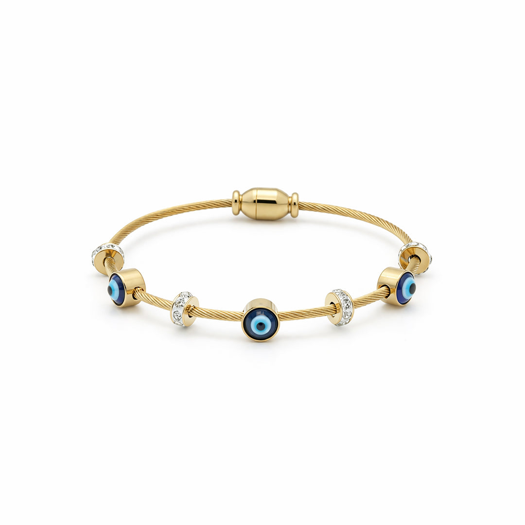 Evil Eye Crystal Charm Gold Plated Cable Bangle