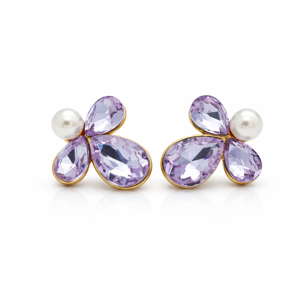 Violet Petal Pearl Gold Stud Earrings