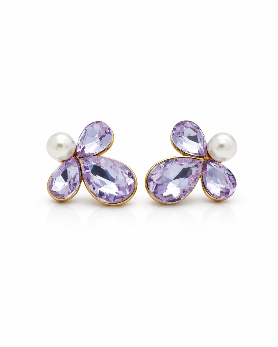 Violet Petal Pearl Gold Stud Earrings