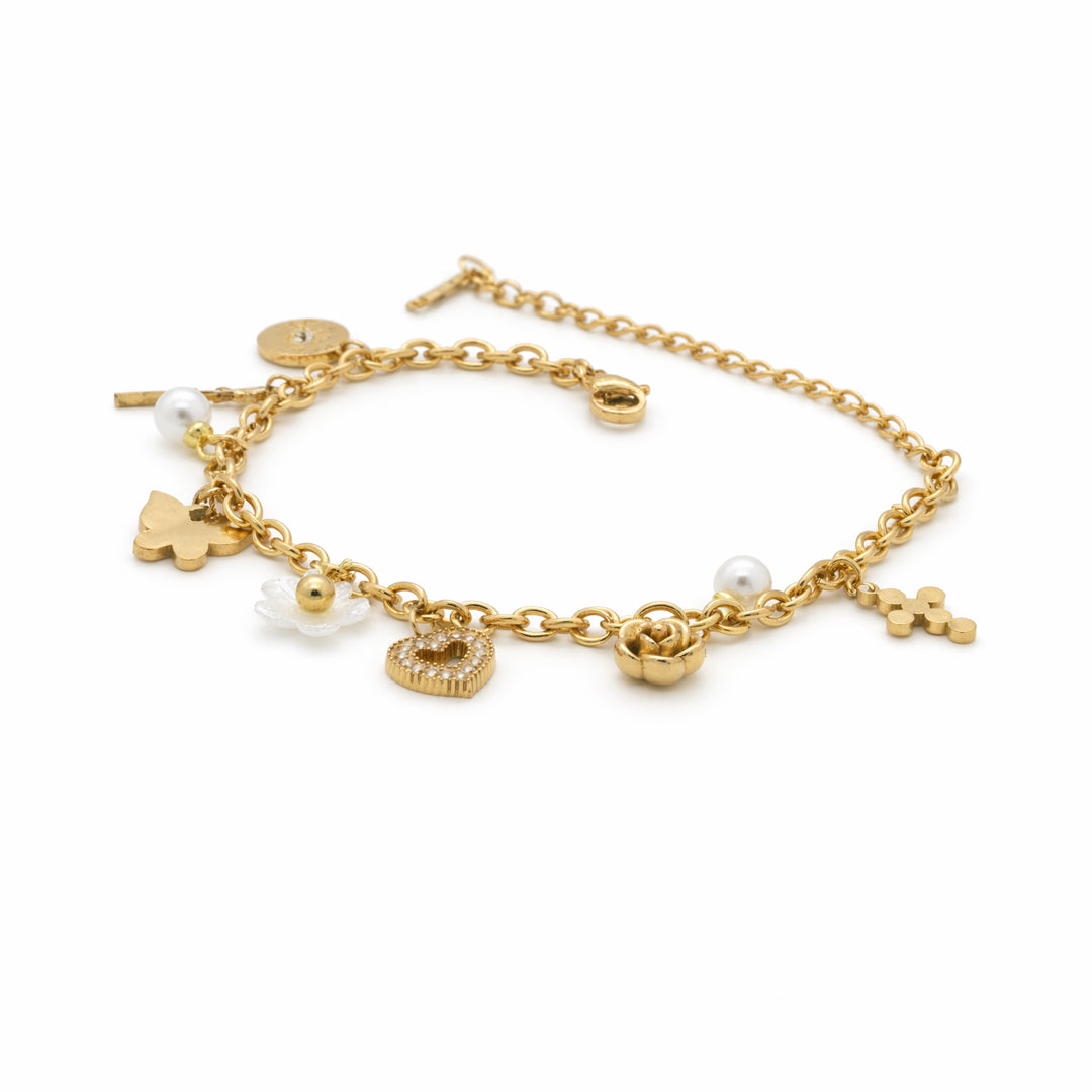 Whimsy Pearl Multi-Charm Gold Bracelet