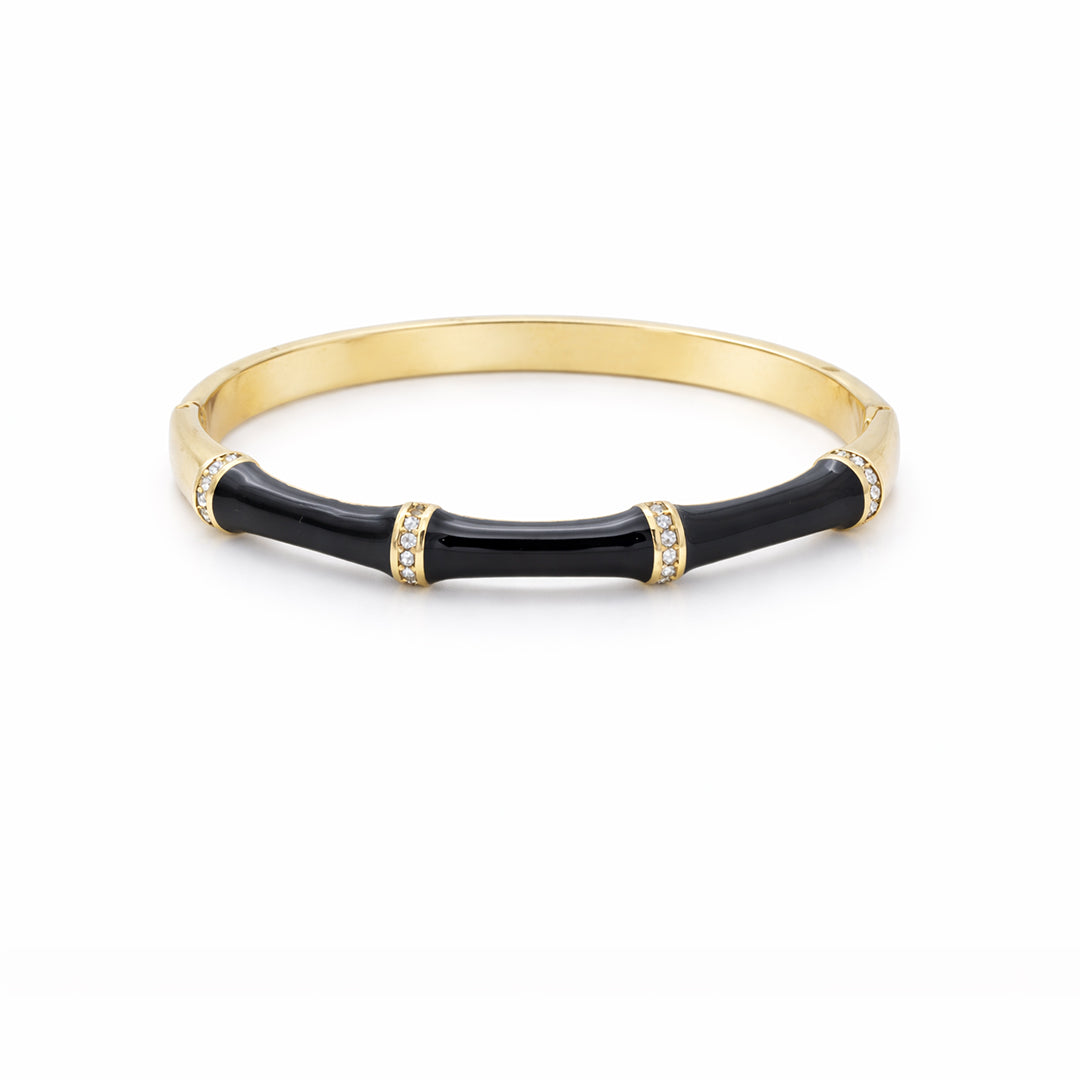 Black Enamel Bamboo Crystal Gold Plated Bangle Kada
