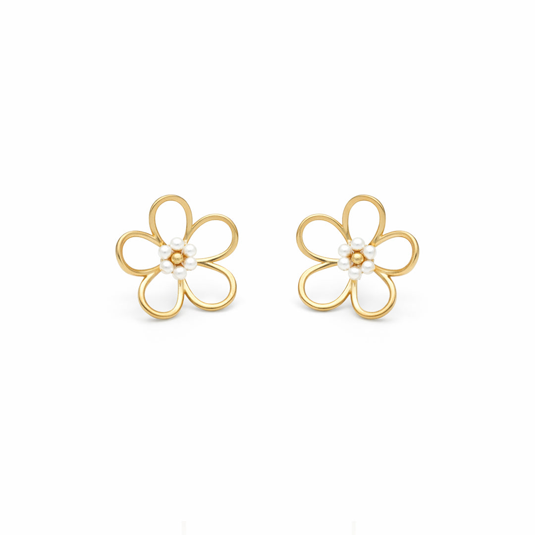 Pearl Centre Open Flower Gold Plated Stud Earrings