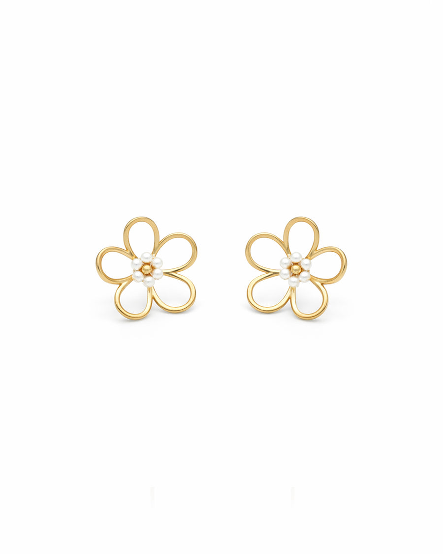 Pearl Centre Open Flower Gold Plated Stud Earrings