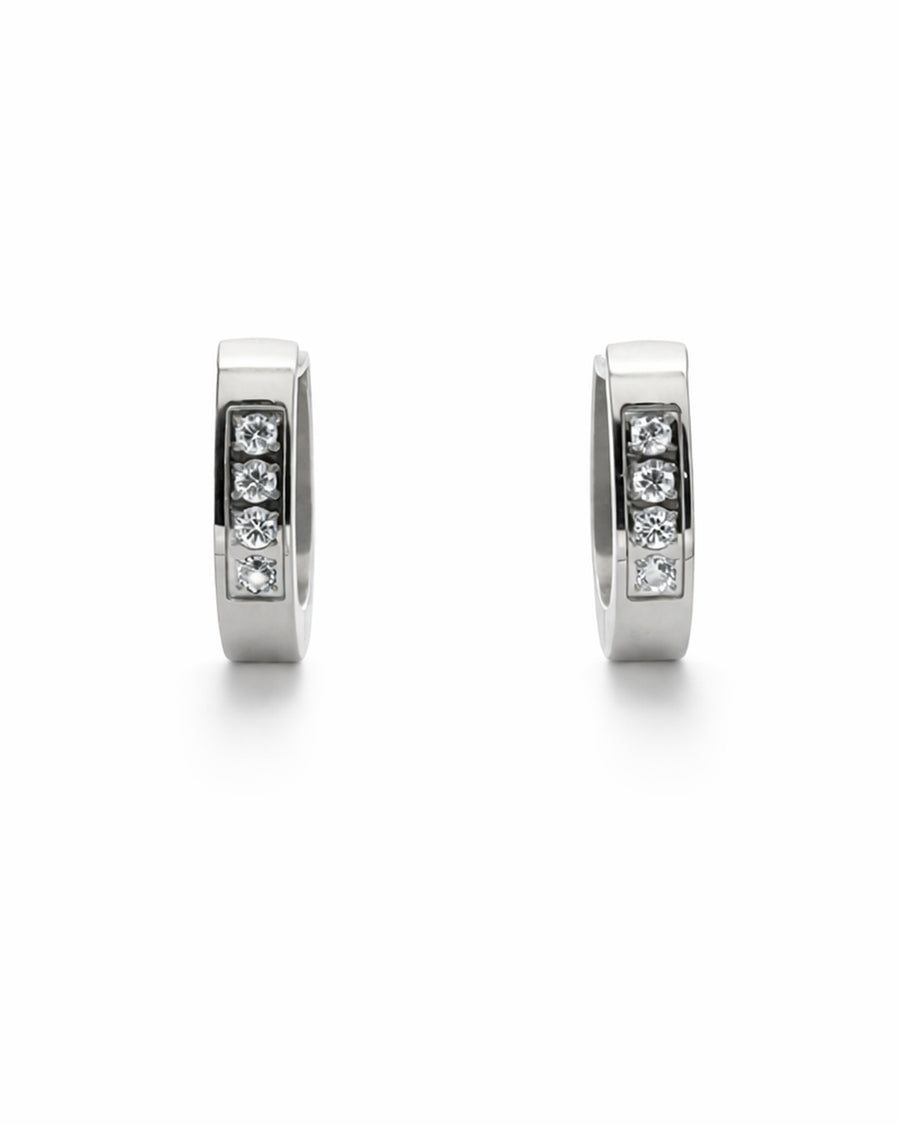 Quad Crystal Channel Silver Plated Huggie Earrings