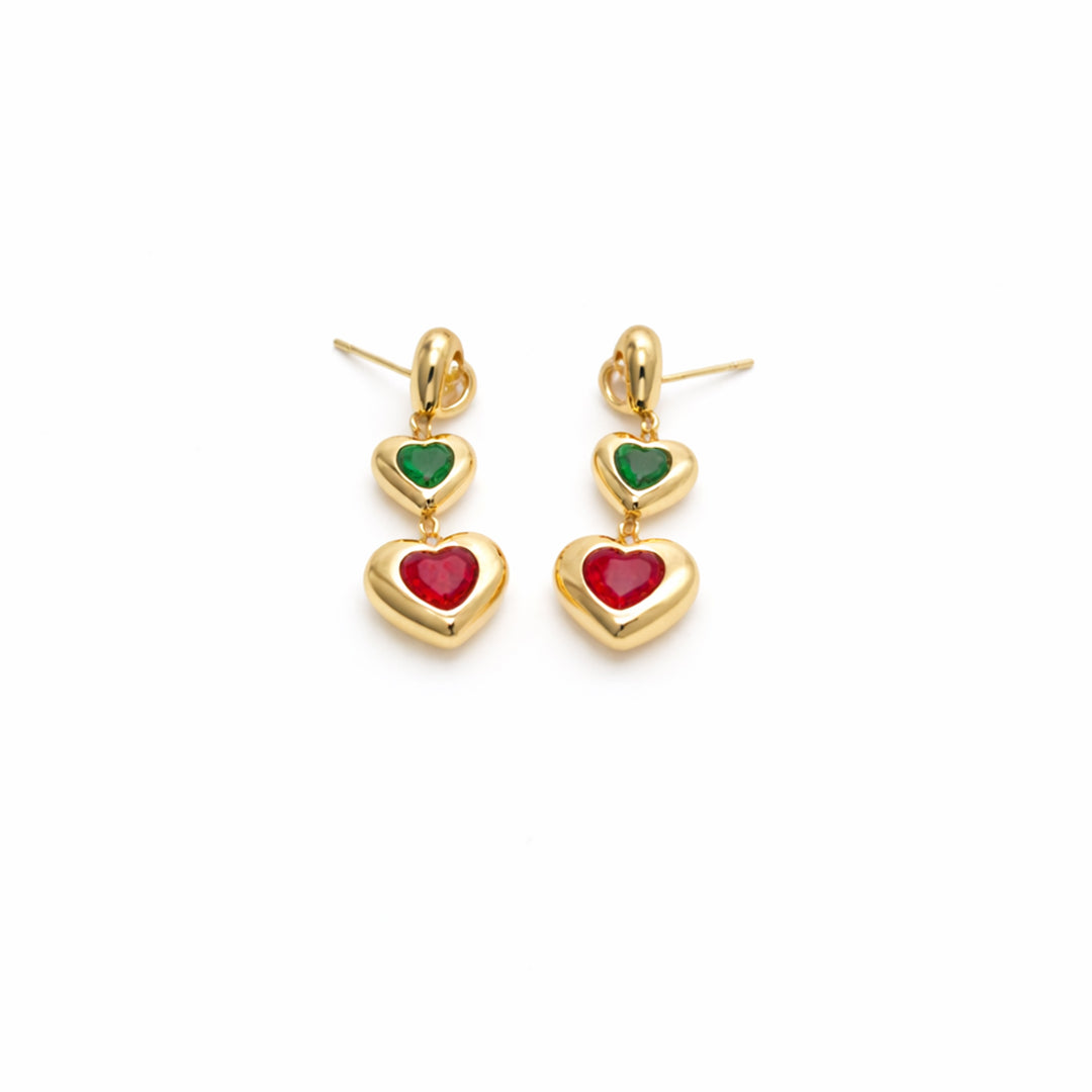 Emerald & Ruby Double Heart Gold Plated Drop Earrings