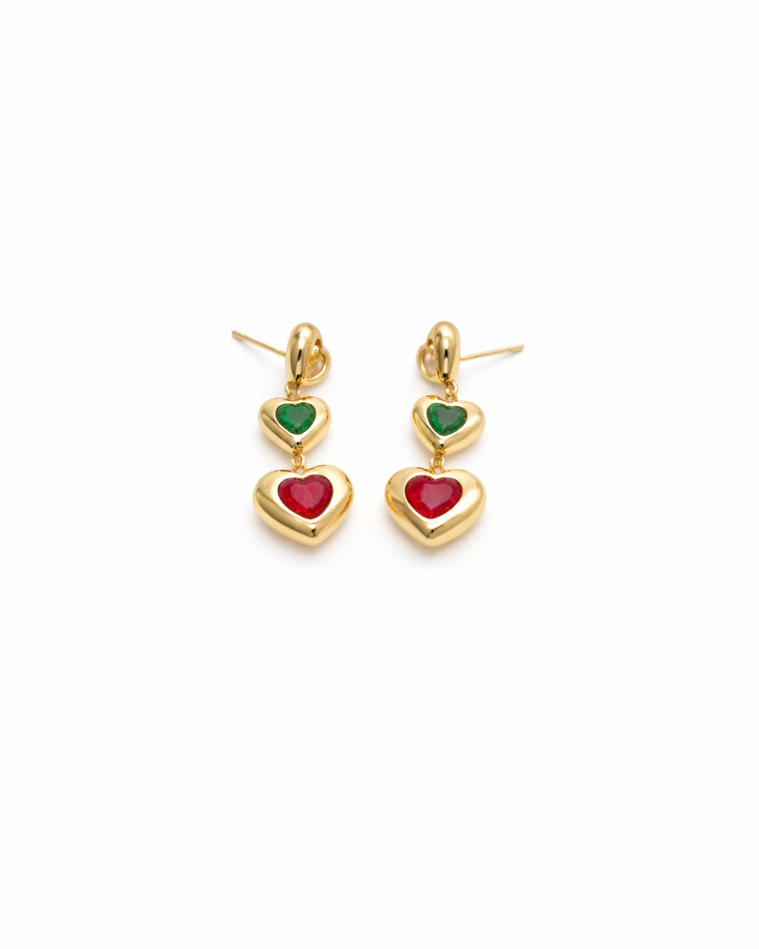 Emerald & Ruby Double Heart Gold Plated Drop Earrings