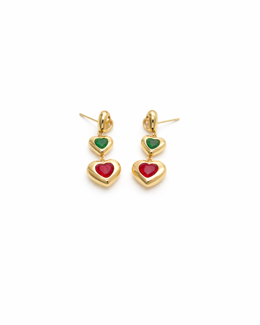 Emerald & Ruby Double Heart Gold Plated Drop Earrings