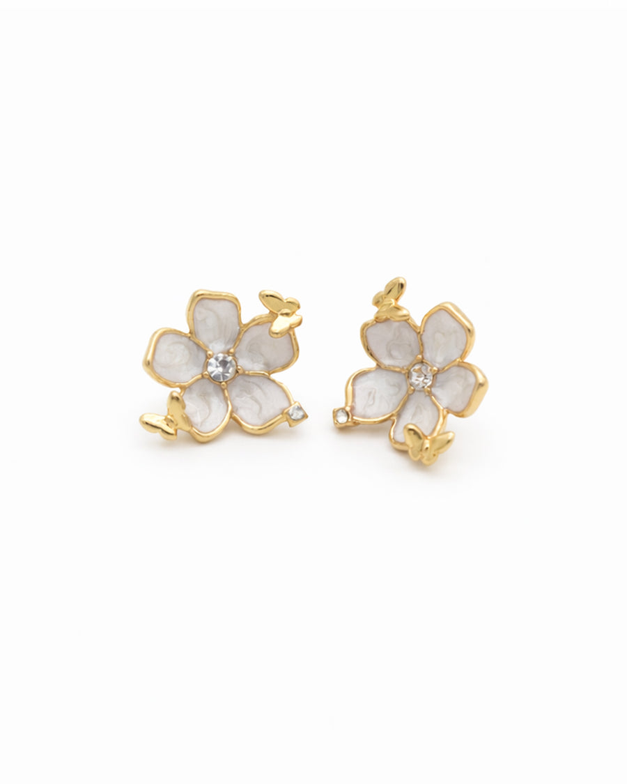 White Enamel Butterfly Blossom Gold Plated Stud Earrings