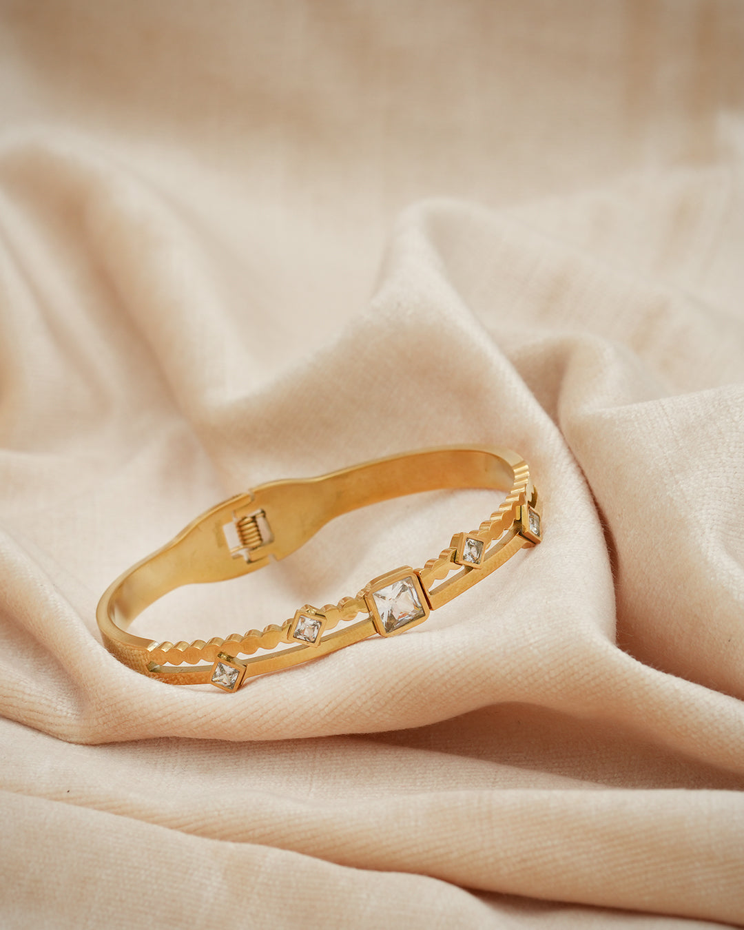 Princess Cut Rope Rail Crystal Gold Plated Kada