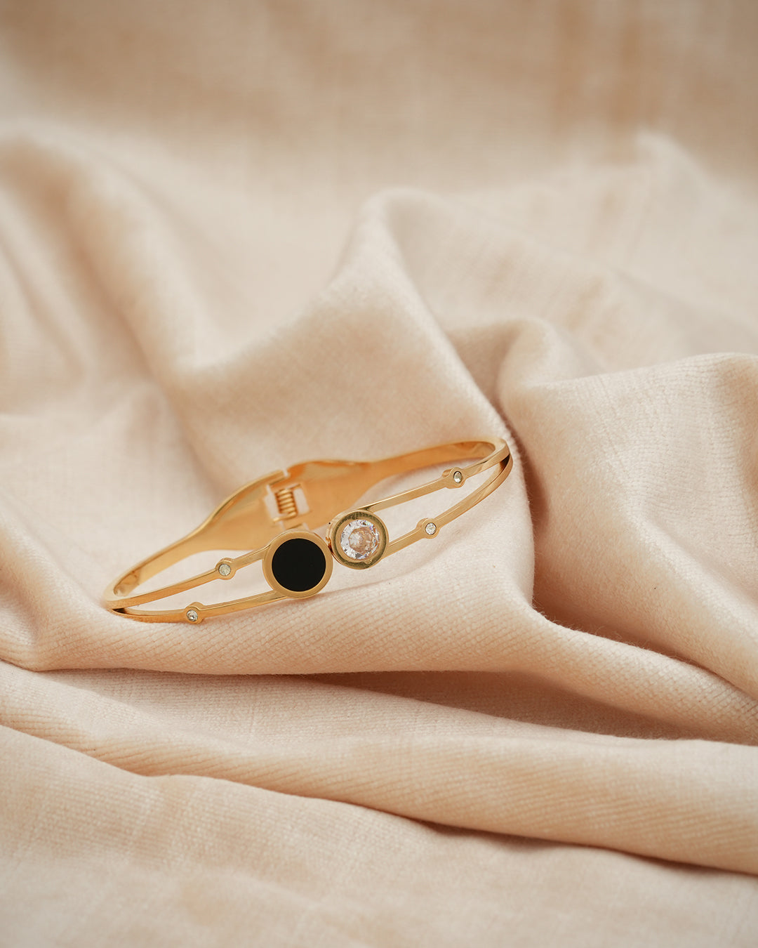 Black Enamel & Solitaire Crystal Gold Plated Kada