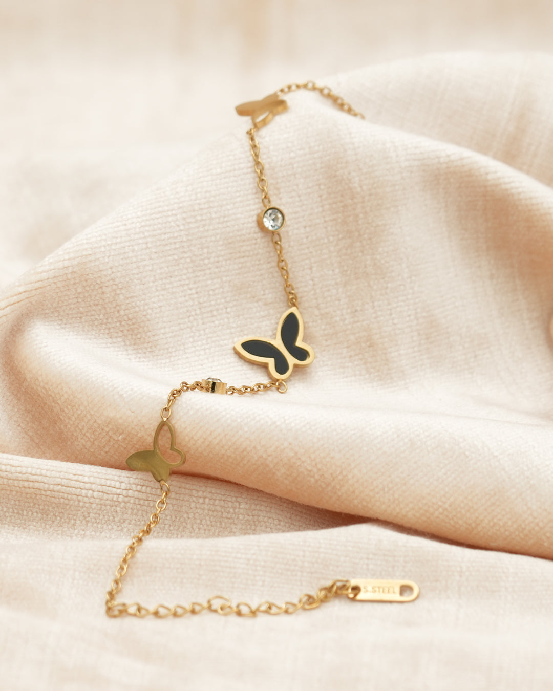 Noir Butterfly Black Enamel Gold Charm Bracelet
