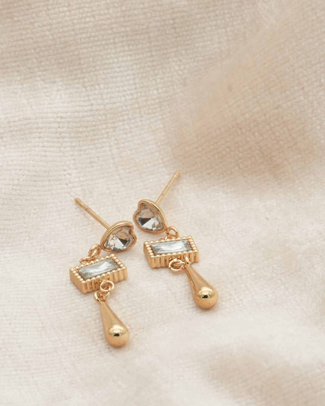 Heart and Baguette Crystal Gold Drop Earrings