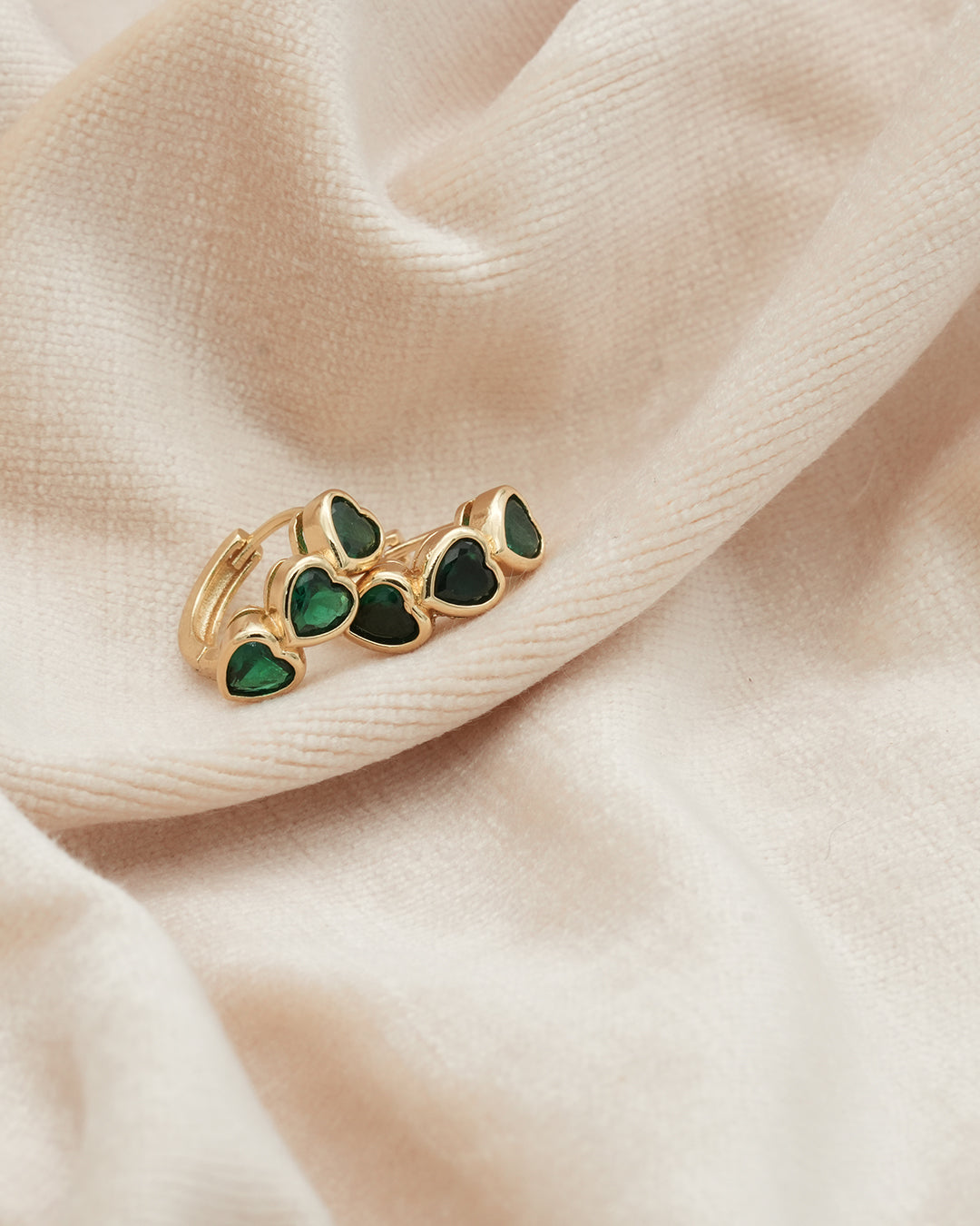 Emerald Triple Heart Gold Plated Huggie Hoop Earrings