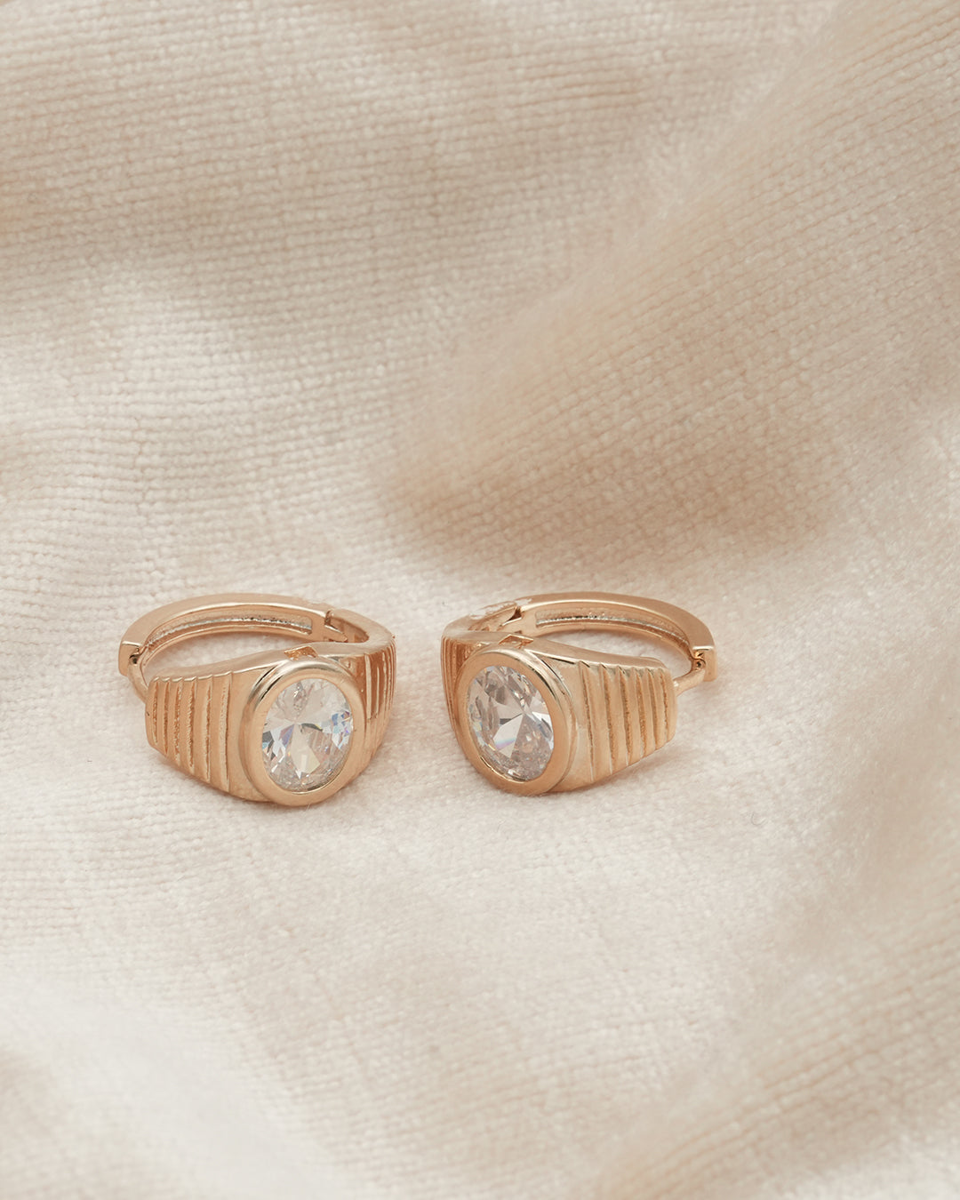 Oval Solitaire Ribbed Gold Plated Chunky Huggie Hoop Earrings