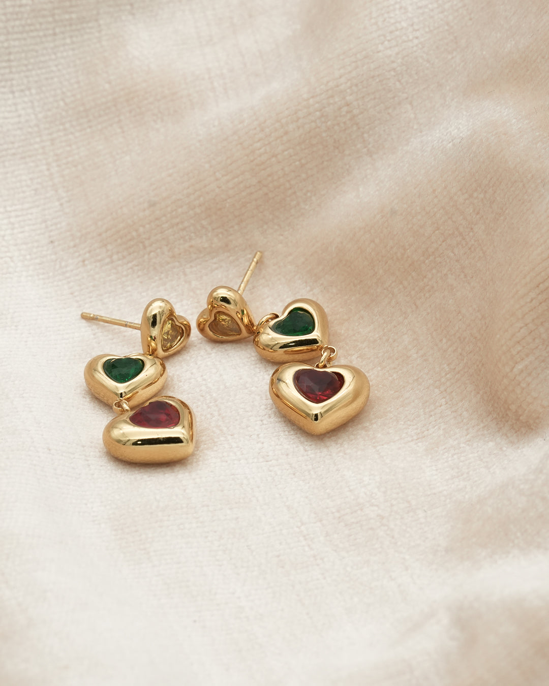 Emerald & Ruby Double Heart Gold Plated Drop Earrings