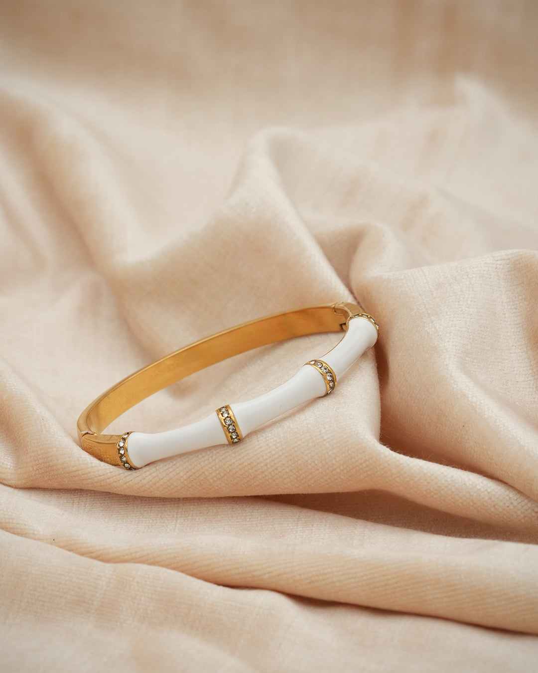 White Enamel Bamboo Crystal Gold Plated Bangle Kada