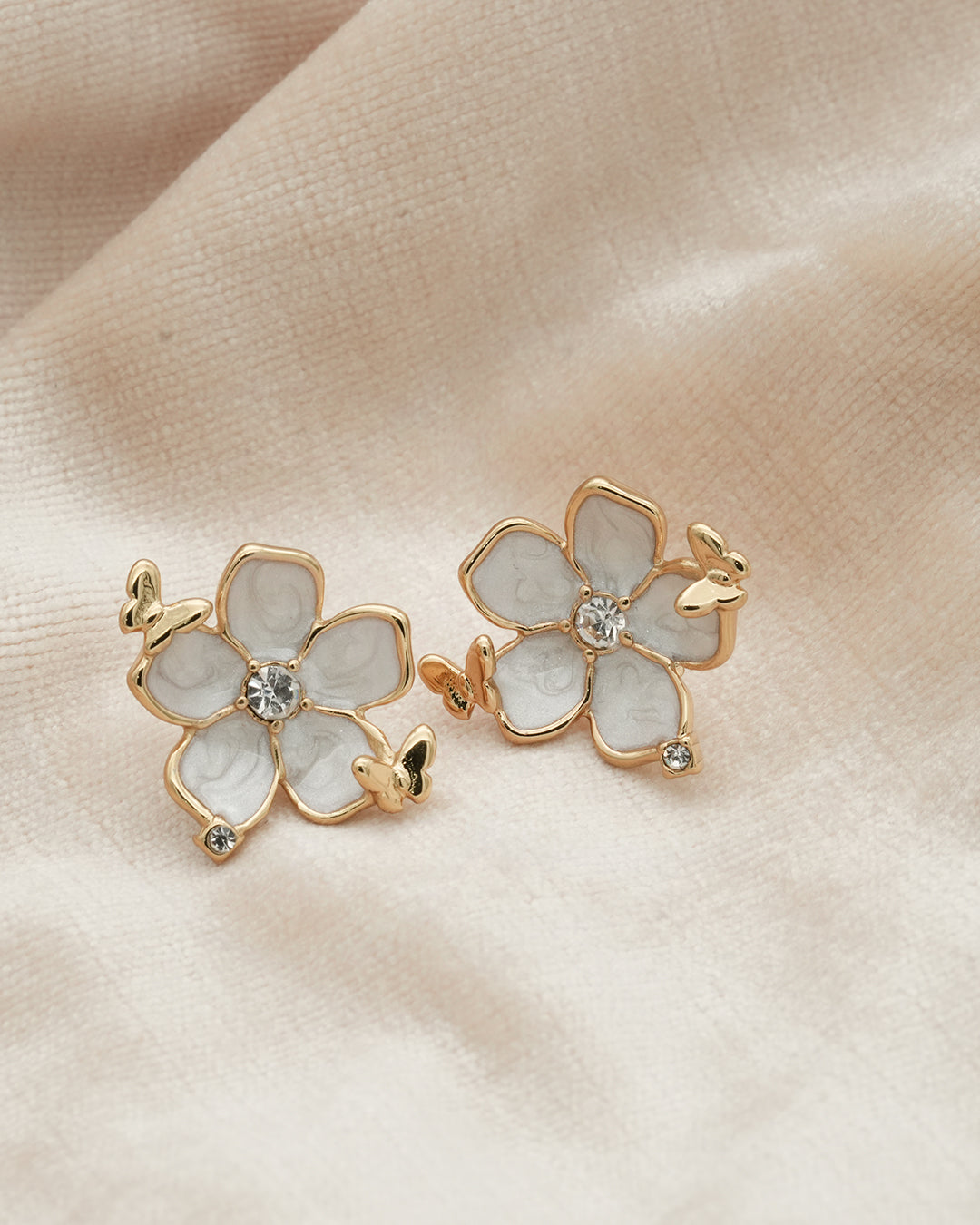 White Enamel Butterfly Blossom Gold Plated Stud Earrings