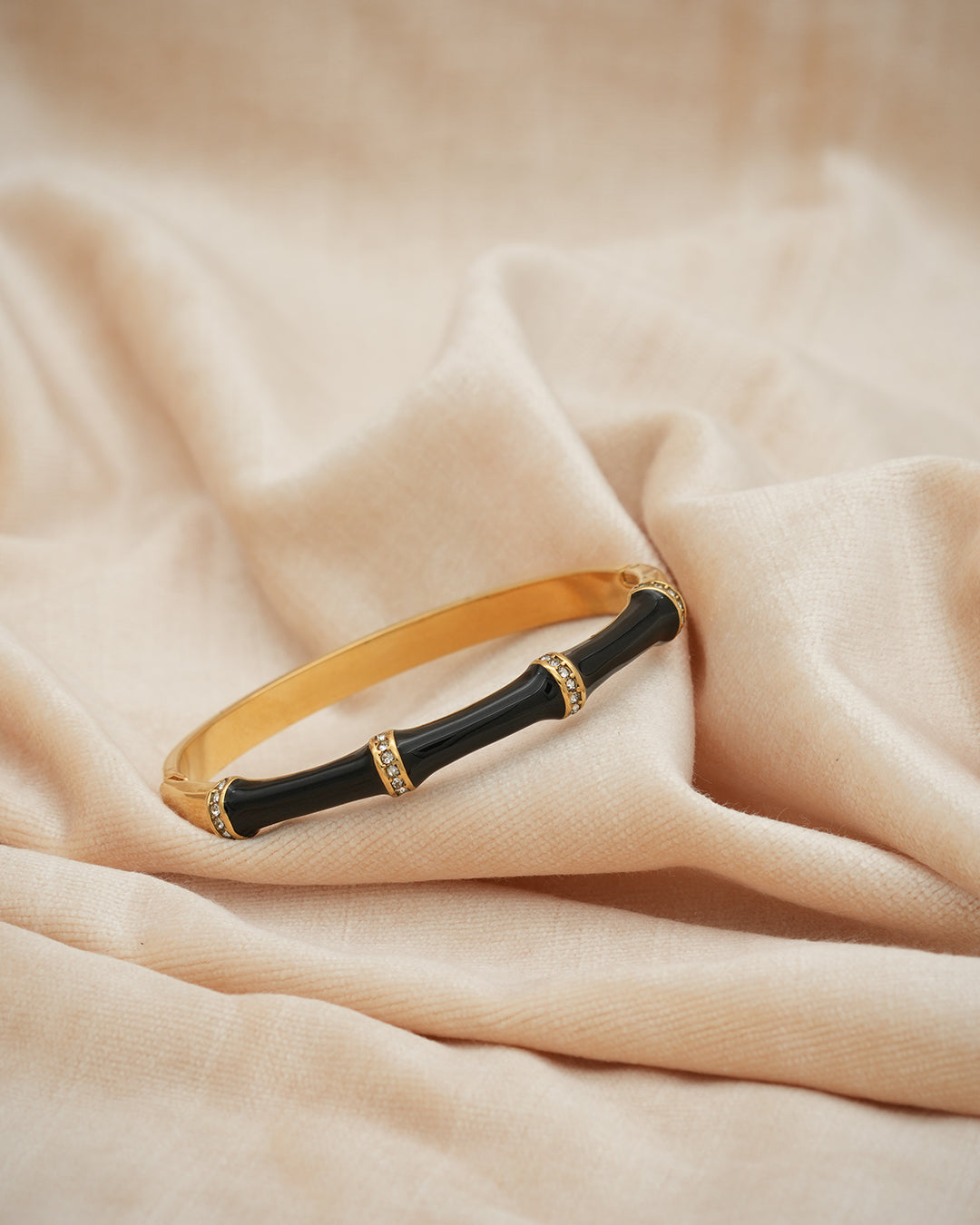Black Enamel Bamboo Crystal Gold Plated Bangle Kada
