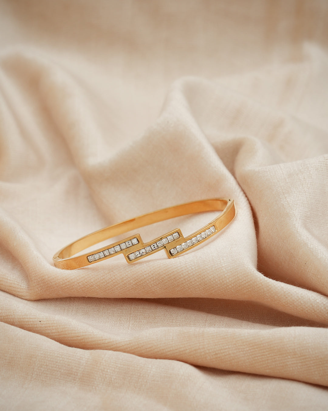 Zig-Zag Crystal Tiered Gold Plated Bangle Kada