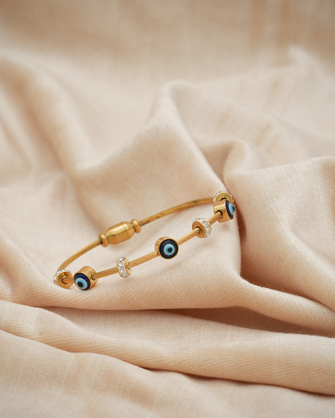 Evil Eye Crystal Charm Gold Plated Cable Bangle