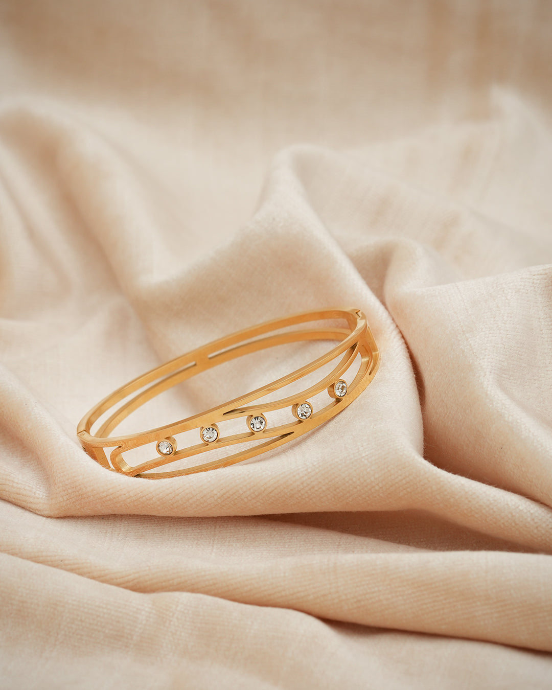 Double Rail Wave Crystal Gold Plated Bangle Kada