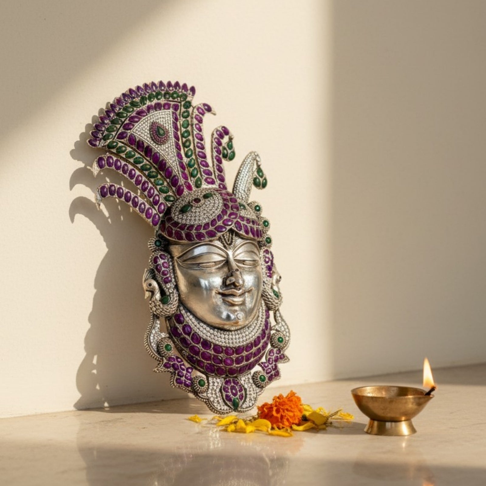 Lord Shrinathji Handcrafted Pure Silver Face Idol (3 Inch, 50g)