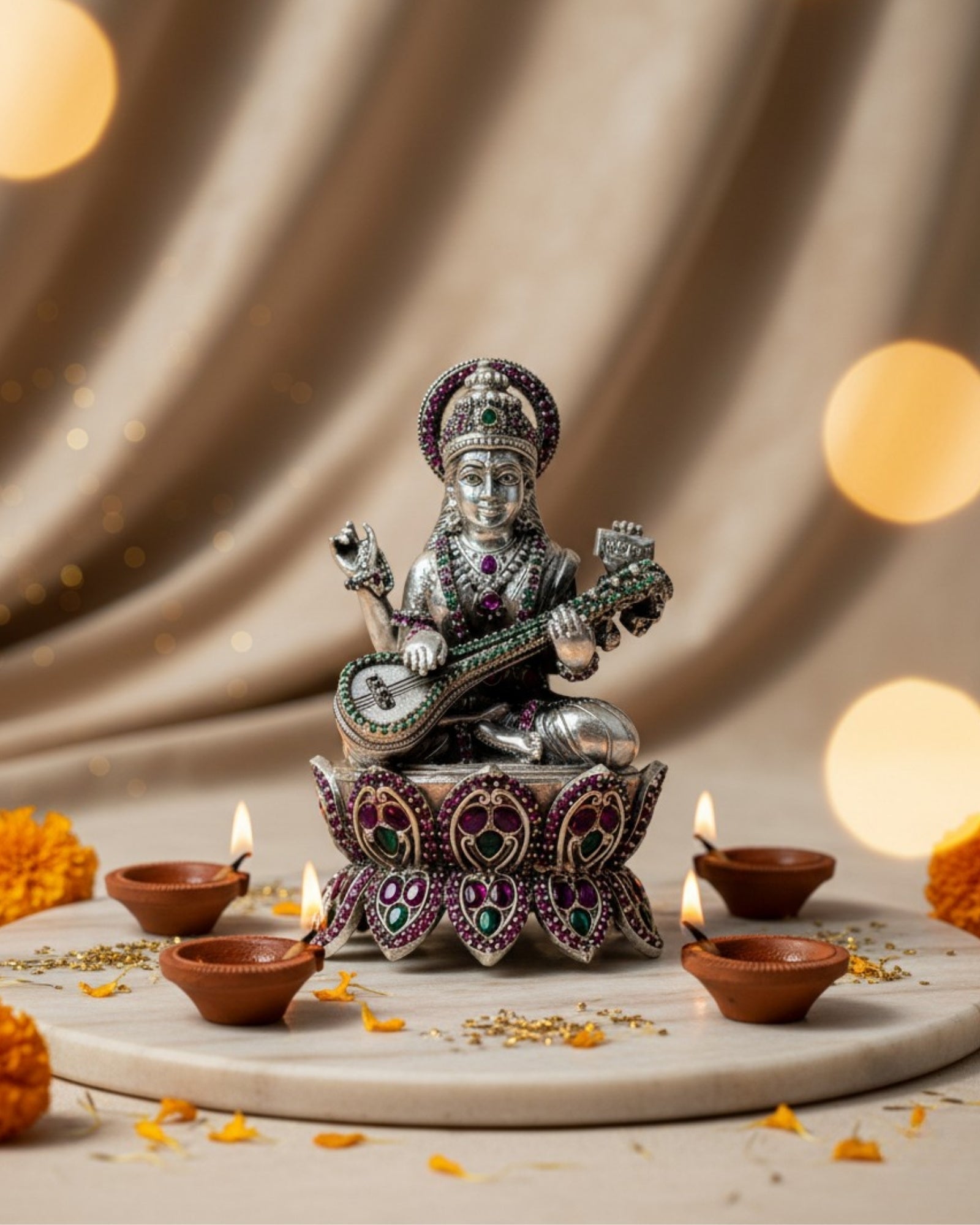 Lotus Goddess Saraswati Pure Silver Idol (120g)