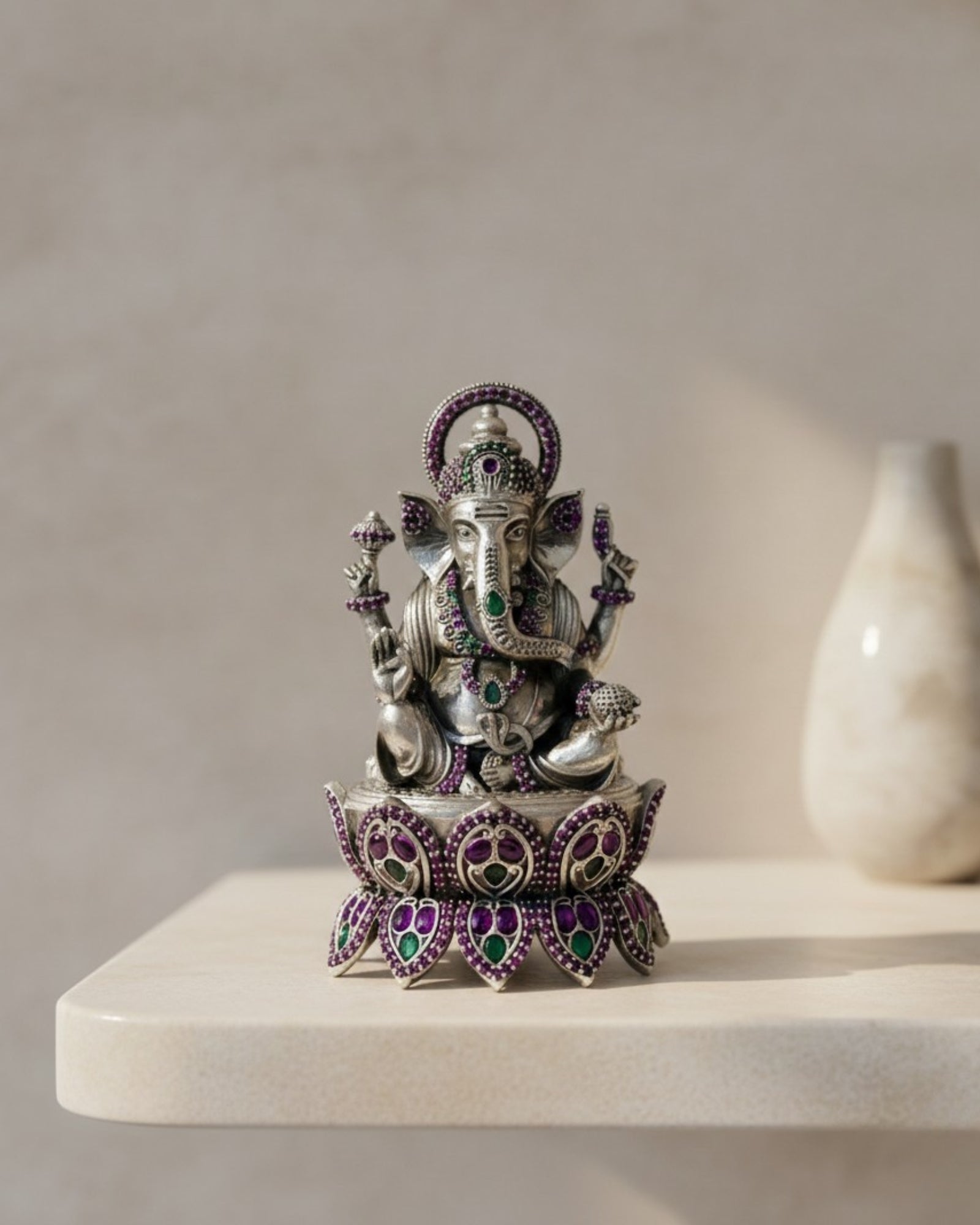 Lotus Lord Ganesha Silver 925 Idol — 3 Inch