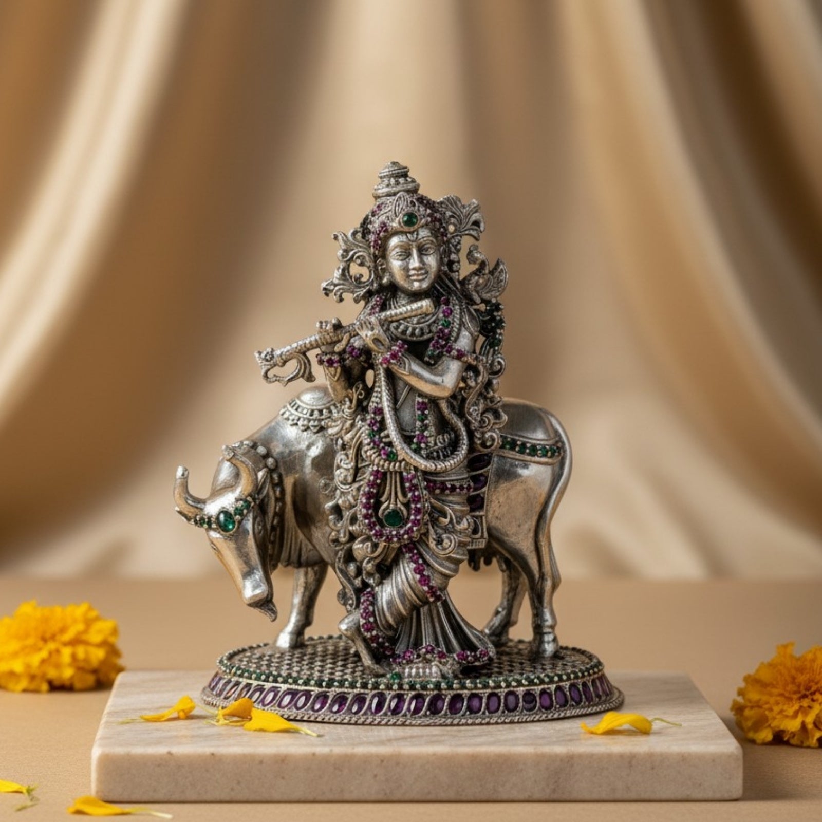 Lord Krishna with Cow Pure Silver Idol (3 Inch, 130g)