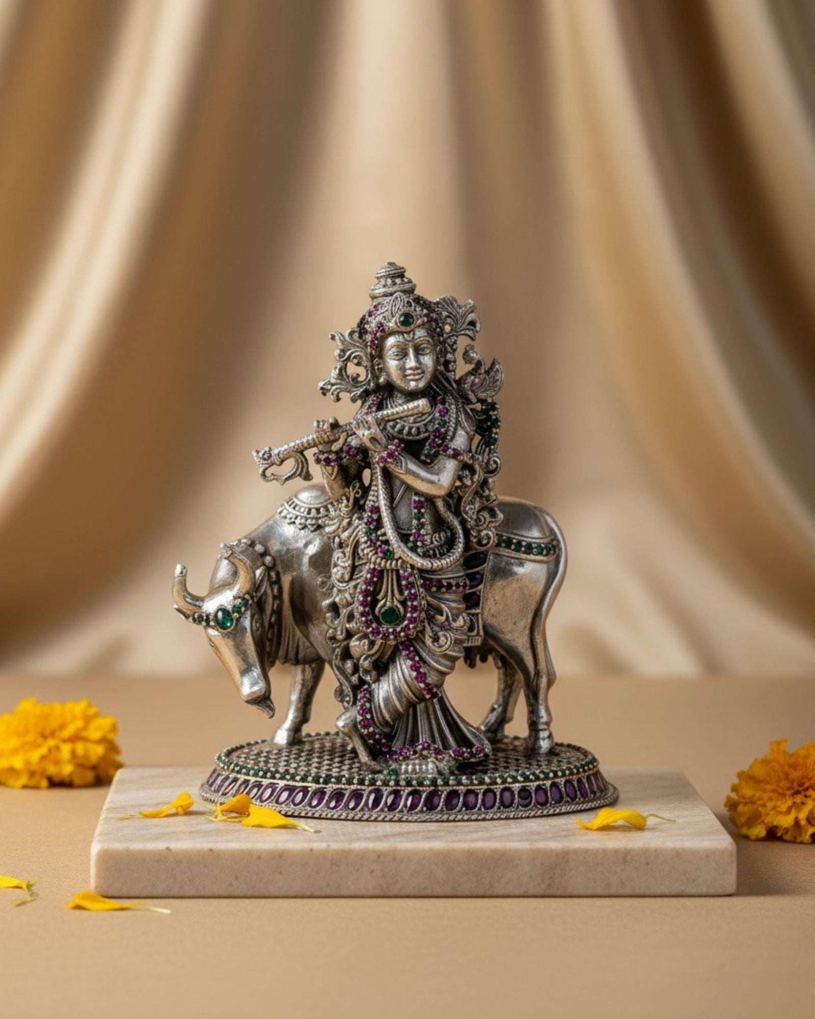 Krishna with Cow Pure Silver Idol (3 Inch, 130g)