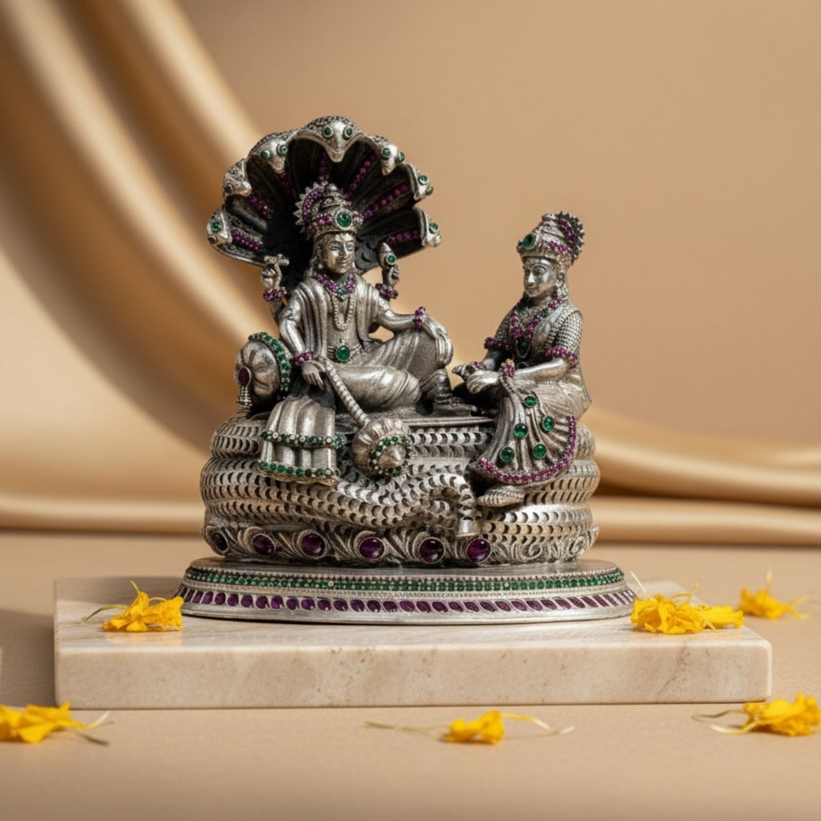 Lord Vishnu & Goddess Lakshmi on Sheshnag Throne Silver 925 Idol (3 Inch)