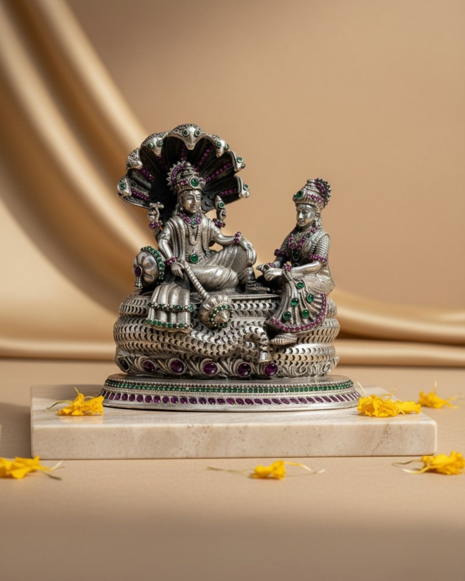 Divine Vishnu & Lakshmi on Sheshnag Throne Silver 925 Idol — 3 Inch