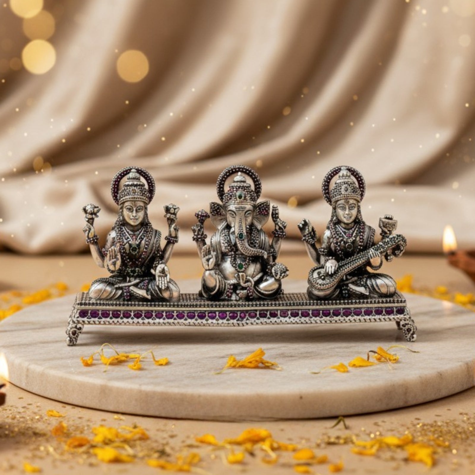 Paata Lakshmi Saraswati Ganesha Silver 925 Idol