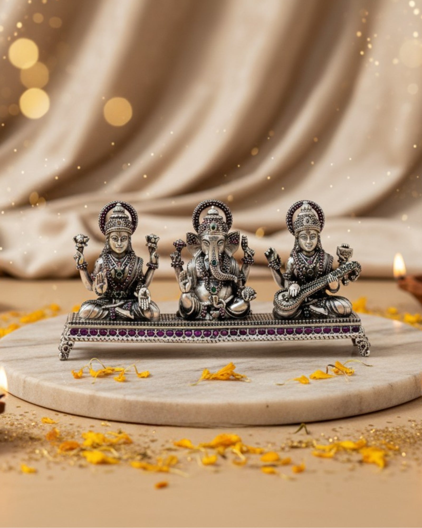 Paata Lakshmi Saraswati Ganesha Silver 925 Idol — 3 Inch