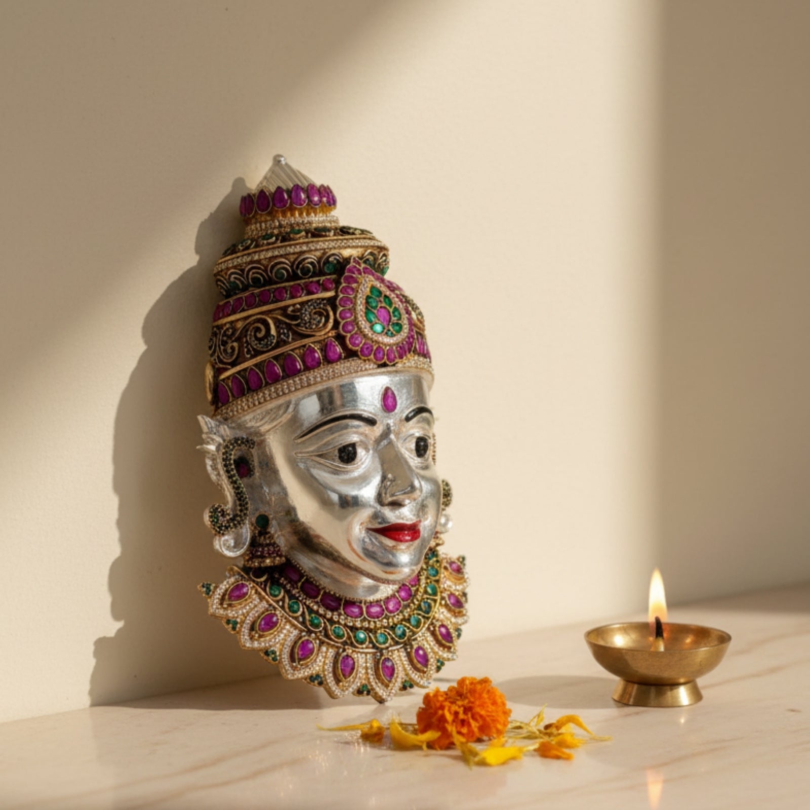 Goddess Lakshmi Pure Silver Handcrafted Face Idol (3 Inch)