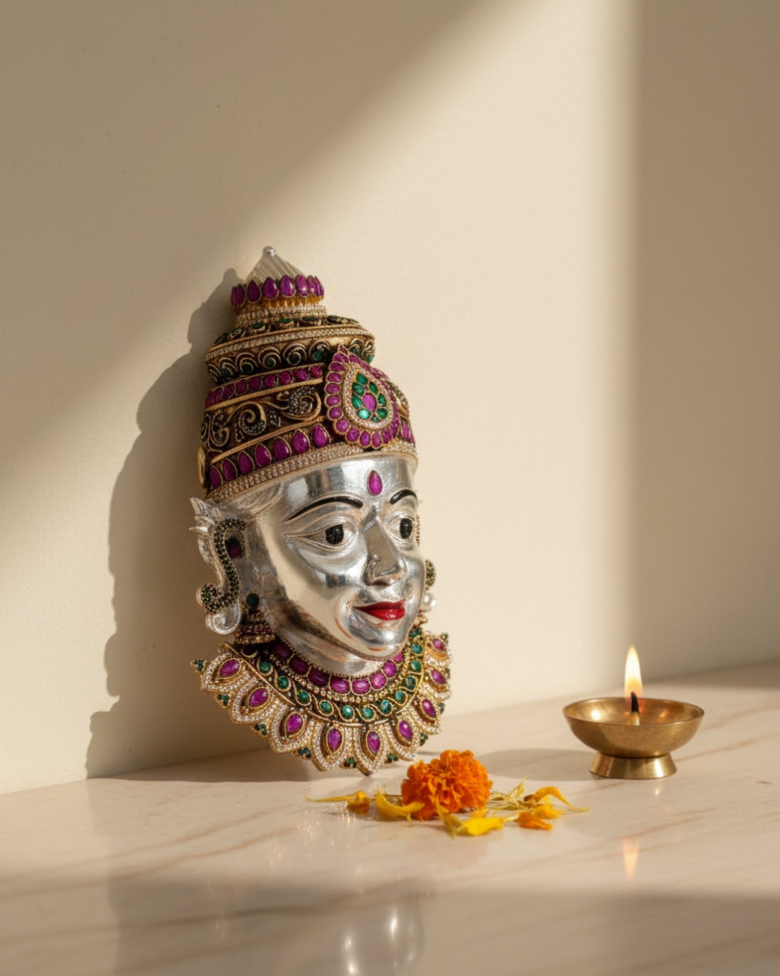 Goddess Lakshmi Pure Silver Handcrafted Face Idol (5 Inch)