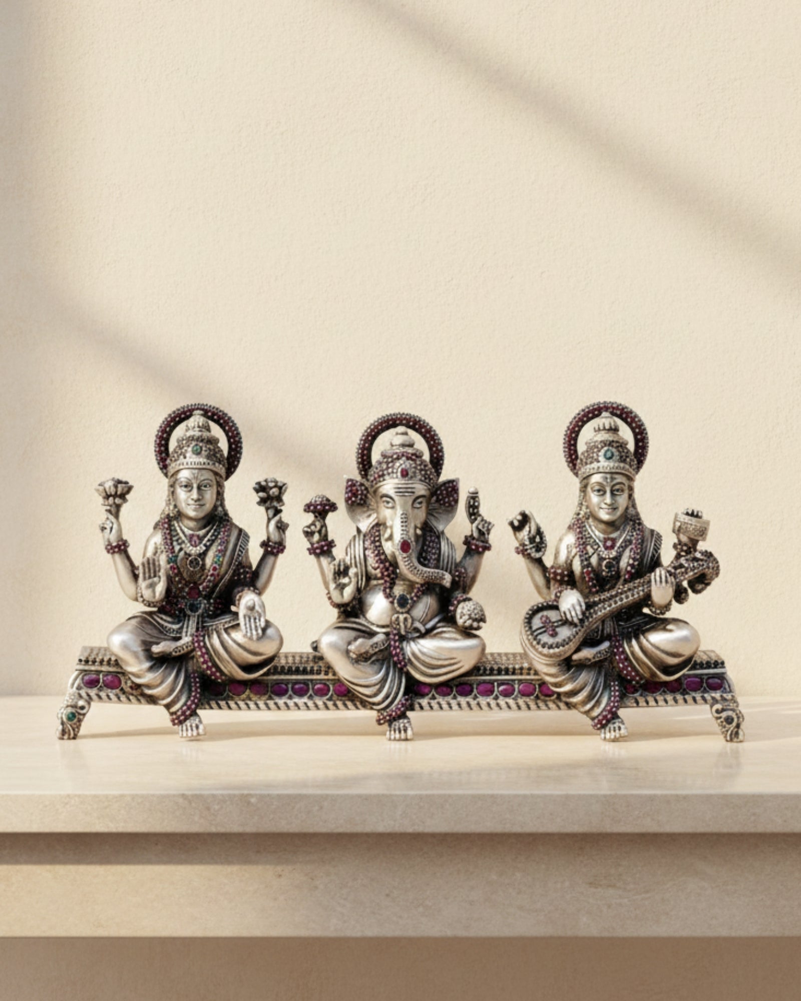 Paata Ganesha Lakshmi & Saraswati Silver 925 Idol (Leg-Down) — 3 Inch