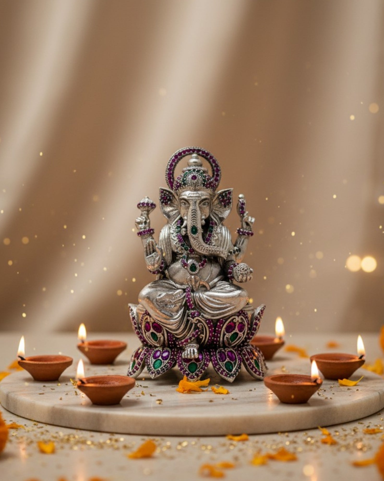 Lotus Lord Ganesha Pure Silver Idol (Leg-Down, 120g)