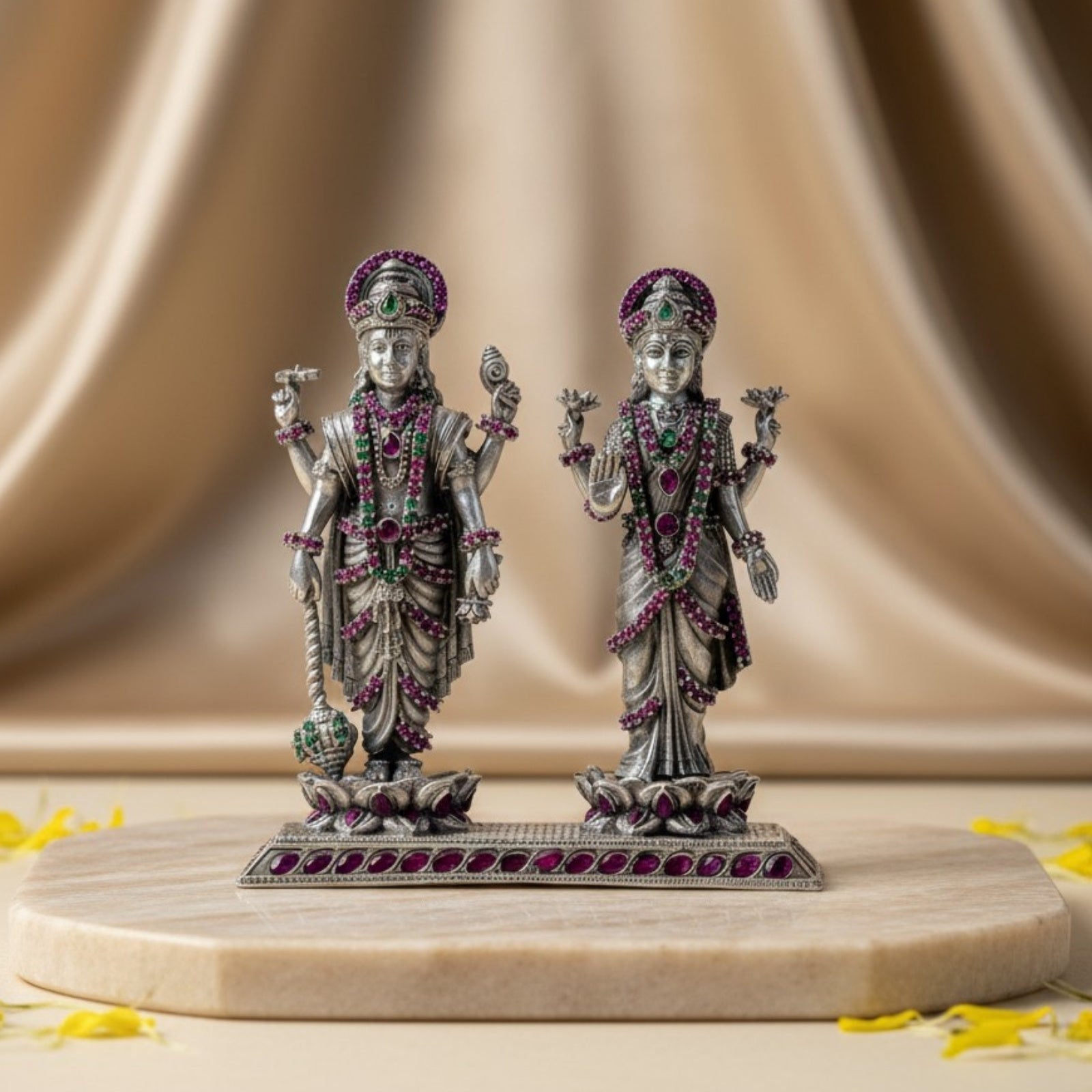 Lord Vishnu & Goddess Lakshmi Standing Pure Silver Idol (3 Inch, 170g)
