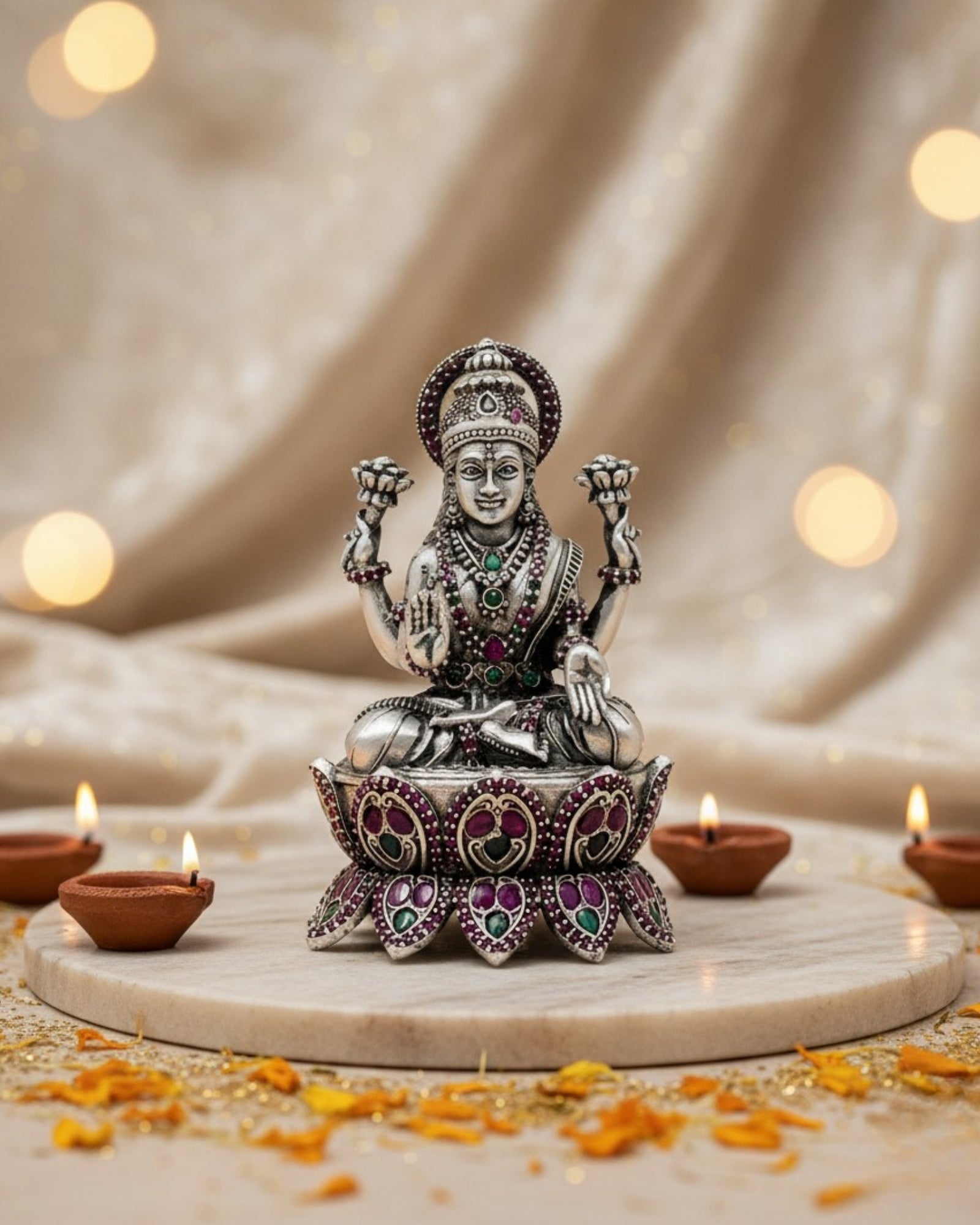Lotus Goddess Lakshmi Pure Silver Idol (120g)