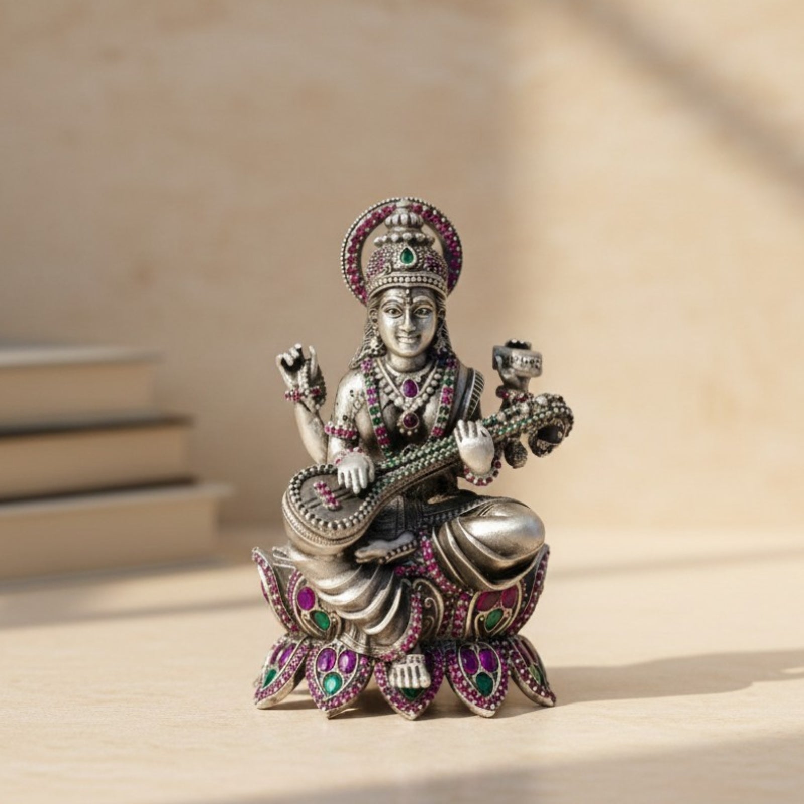 Lotus Maa Saraswati Silver 925 Idol (Leg Down)