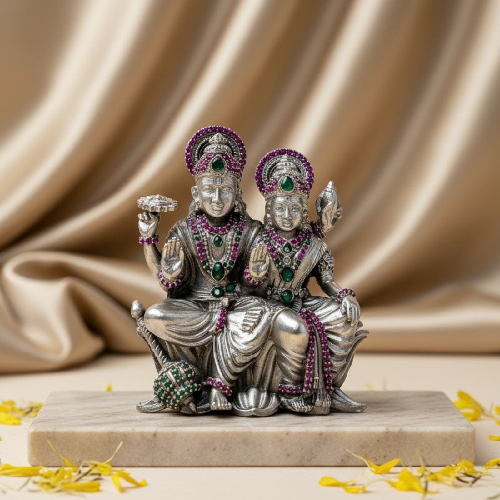 Lord Vishnu & Goddess Lakshmi Idol in Pure Silver 925 (3 Inch, 180g)