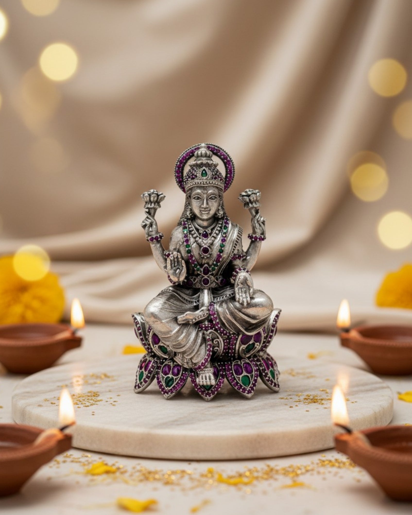 Lotus Goddess Lakshmi Pure Silver Idol (Leg-Down, 120g)