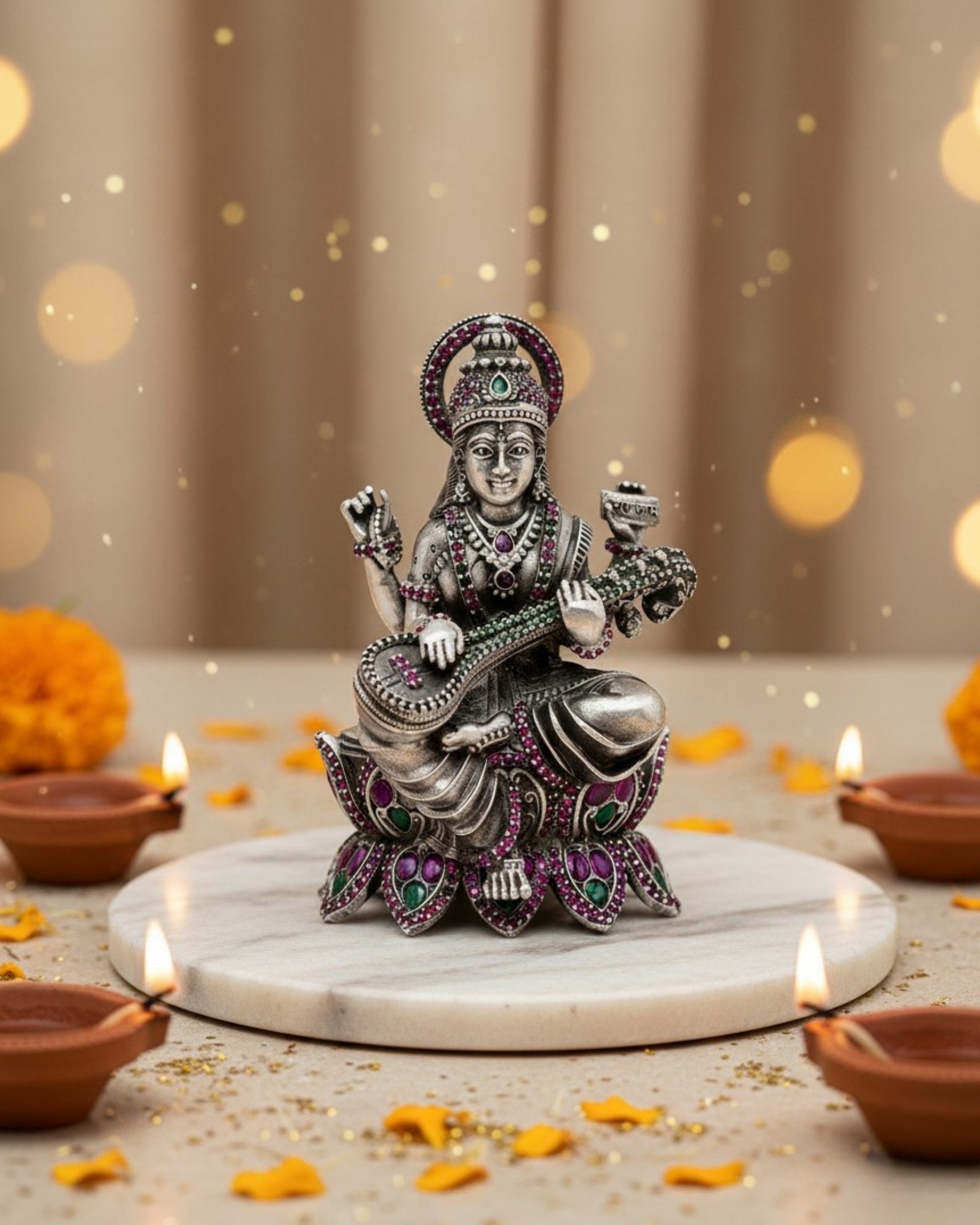 Lotus Goddess Saraswati Pure Silver Idol (Leg-Down, 120g)
